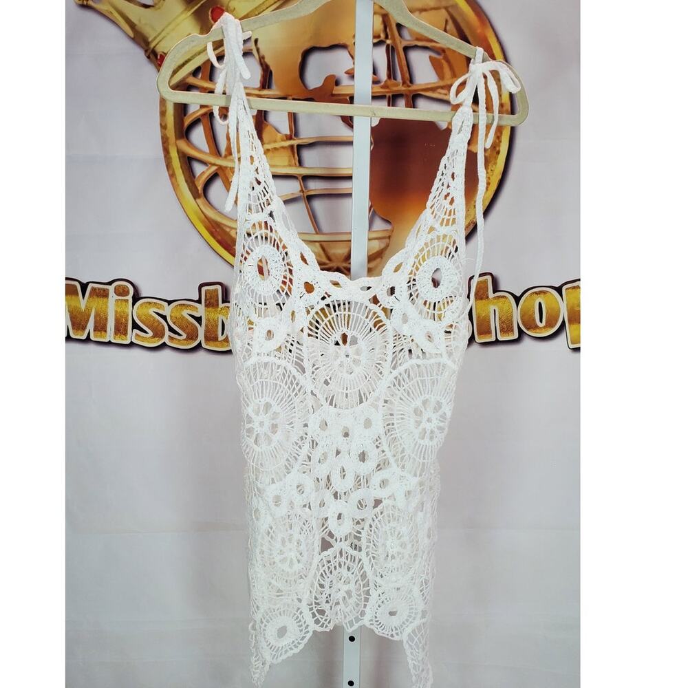 White Crochet Tie Sleeve Cover Up Top Large
